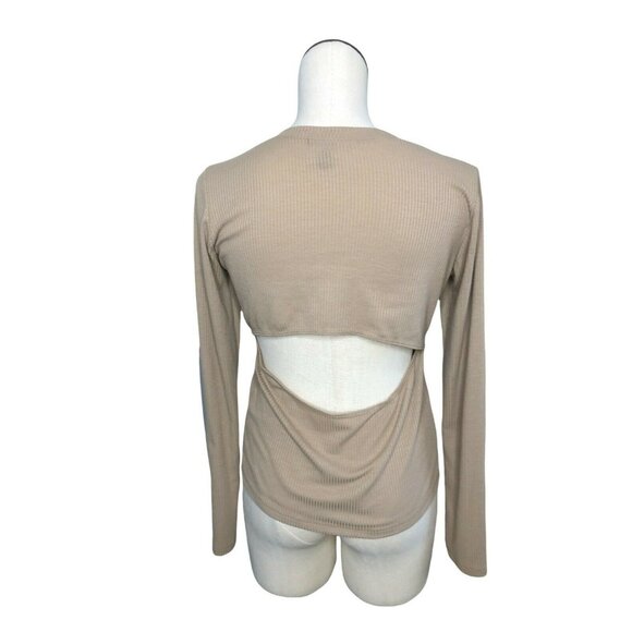 T Shirt Womens Large Ribbed Long Sleeves Cut Out Forever 21 Beige Tan - Picture 3 of 6